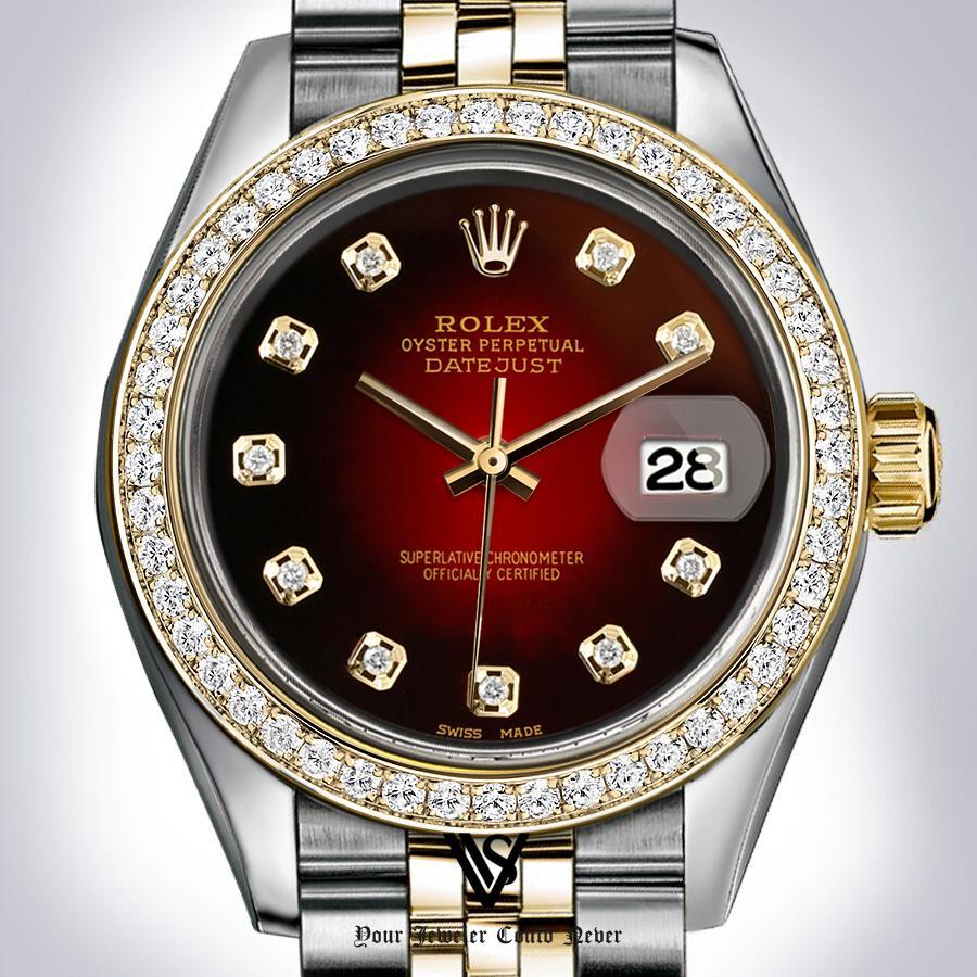 Rolex 31MM BLACK & RED VIGNETTE FADED DIAMOND DIAL DATEJUST TWO-TONE 18K YELLOW GOLD & STAINLESS STEEL DIAMOND BEZEL JUBILEE LADIES WATCH PREOWNED