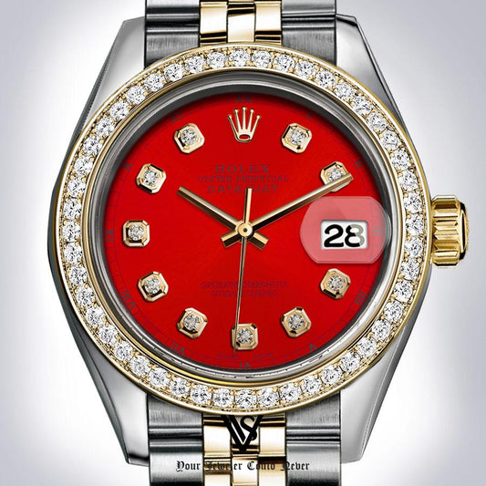 Preowned Rolex - 31mm Datejust Red Diamond Dial with Diamond Bezel Two-tone 18K Yellow Gold & Stainless Steel Jubilee