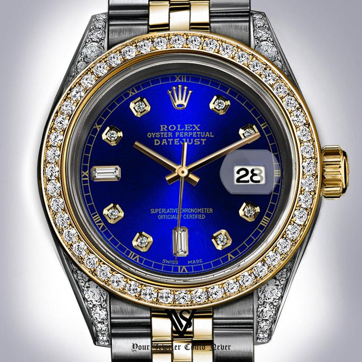 Rolex - Stainless Steel and Yellow Gold Datejust - Diamond Bezel - Royal Blue Baguette 6 & 9 Diamond Dial - Jubilee Bracelet - Diamond Lugs