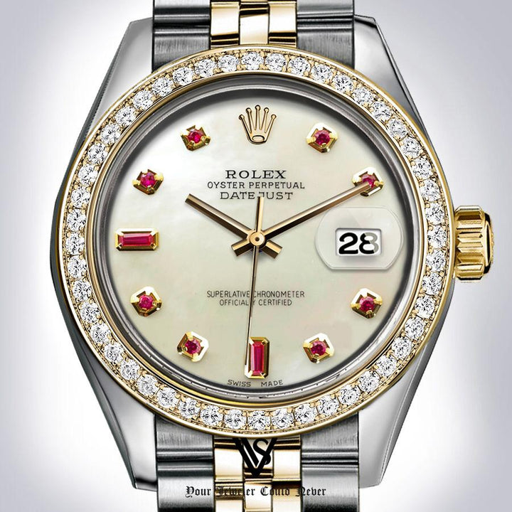 Rolex - Stainless Steel and Yellow Gold Datejust - Diamond Bezel - Mother of Pearl Baguette 6 & 9 Ruby Diamond Dial - Jubilee Bracelet