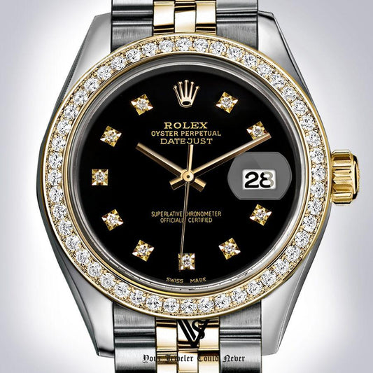 Preowned Rolex - 36mm Datejust Classic Black Diamond Dial with Diamond Bezel Two-tone 18K Yellow Gold & Stainless Steel Jubilee