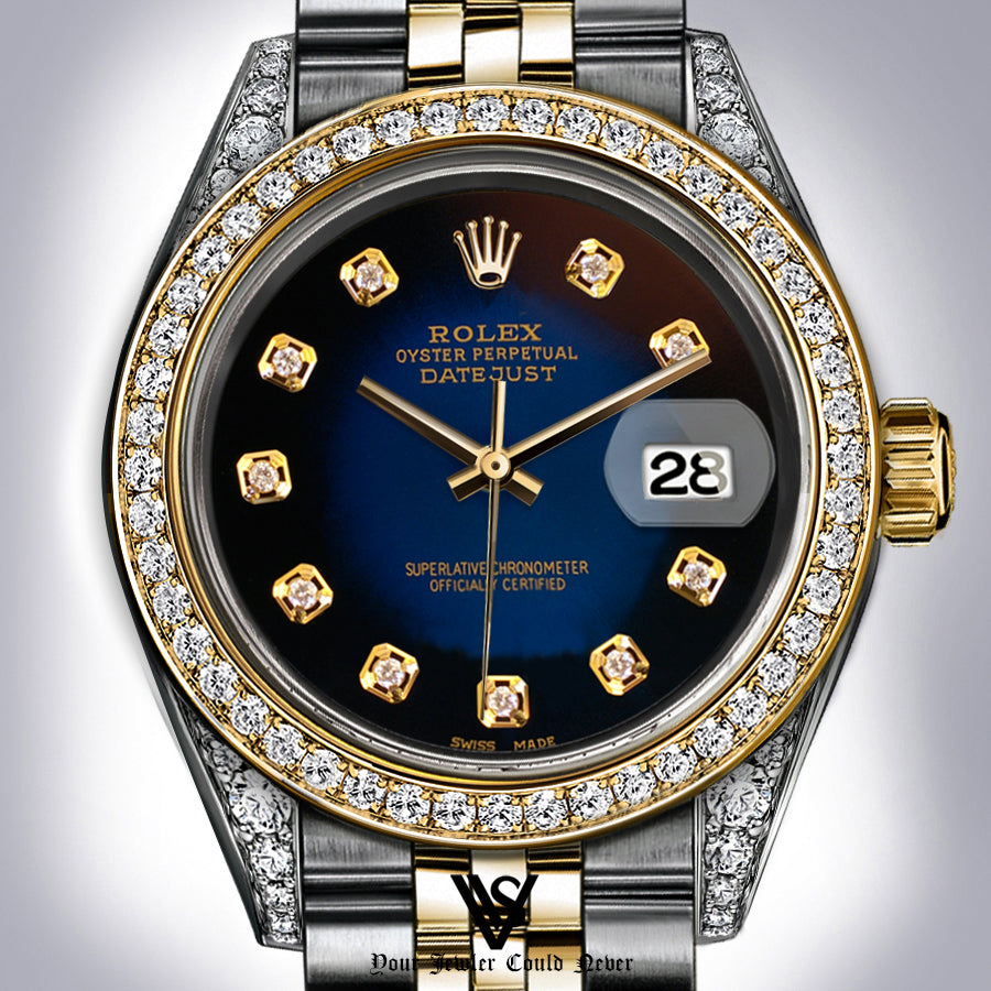 Rolex - Stainless Steel and Yellow Gold Datejust 26mm - Diamond Bezel - Black and Blue Faded Diamond Dial - Jubilee Bracelet - Diamond Lugs