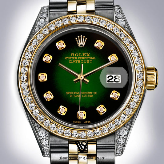 Rolex - Stainless Steel and Yellow Gold Datejust 26mm - Diamond Bezel - Black and Green Vignette Faded Diamond Dial - Jubilee Bracelet - Diamond Lugs