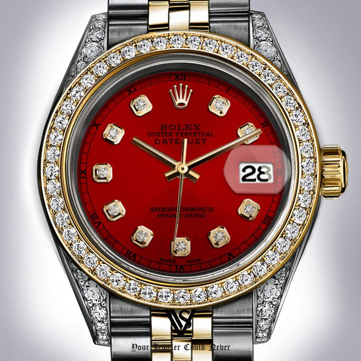 Rolex - Stainless Steel and Yellow Gold Datejust - Diamond Bezel - Tomato Red Diamond Dial - Jubilee Bracelet - Diamond Lugs