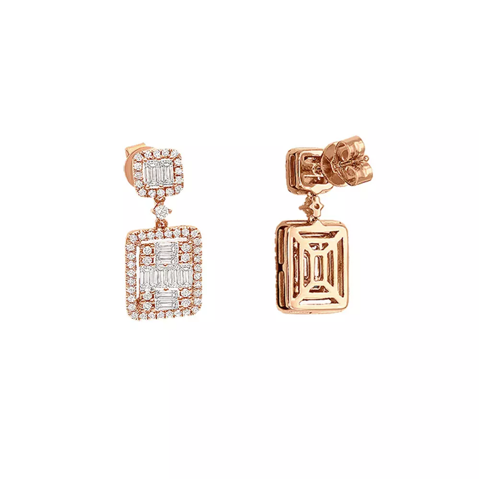 Round & Baguette Diamond Drop Earrings 14K Rose Gold 1.75ct