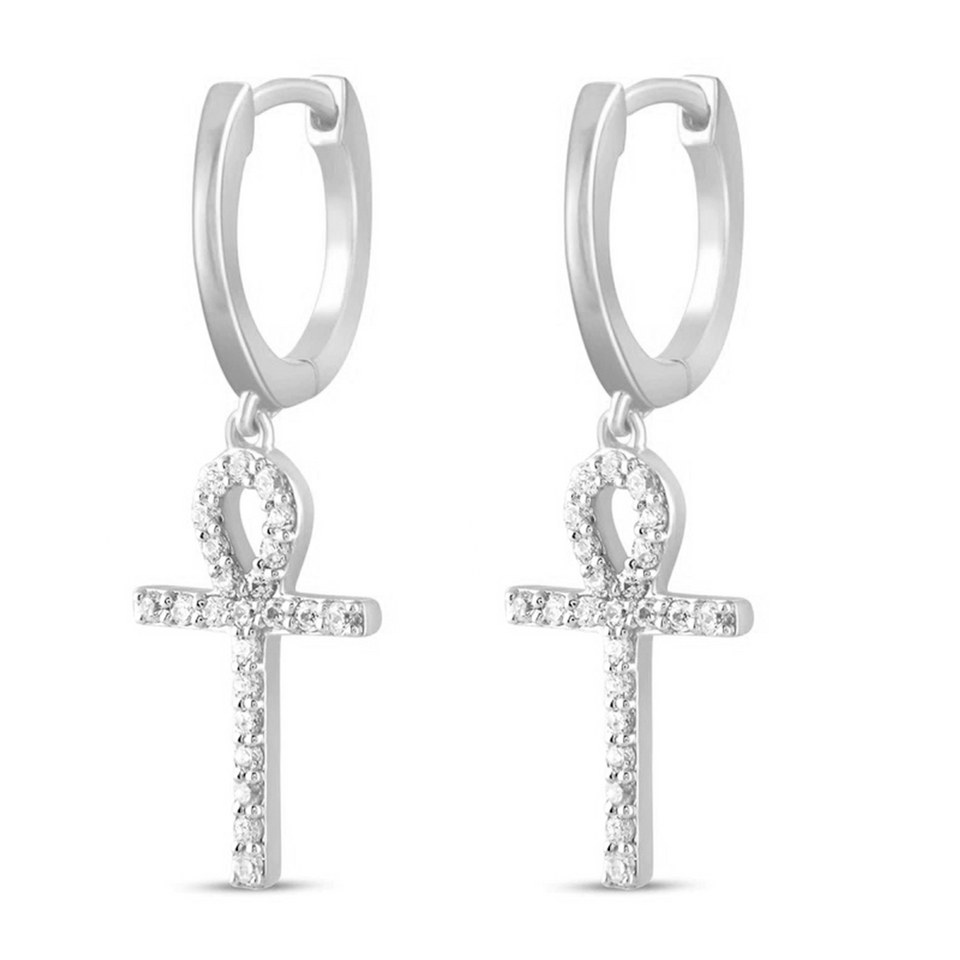 14k White Gold Diamond Ankh Hoop Earrings