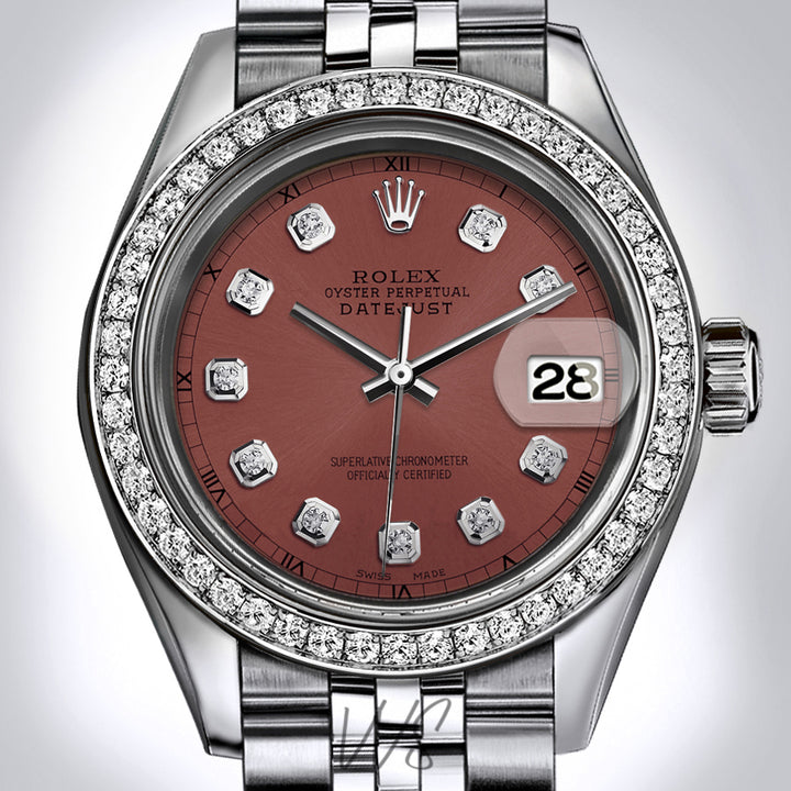 Rolex - Stainless Steel Datejust - Diamond Bezel - Dusty Red Diamond Dial - Jubilee Bracelet