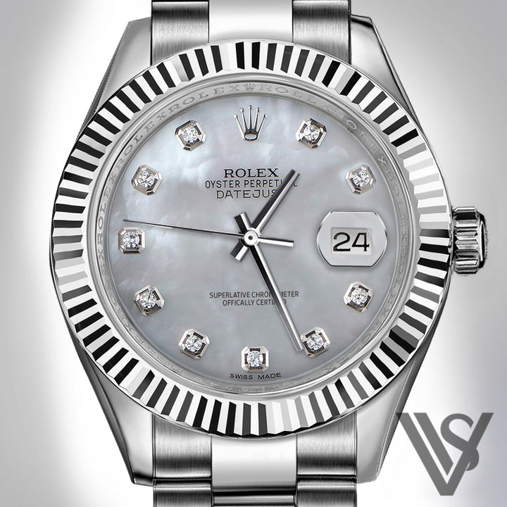 Rolex - Stainless Steel Datejust 41 - Fluted Bezel - Grey Mother of Pearl Diamond Dial - Oyster Bracelet