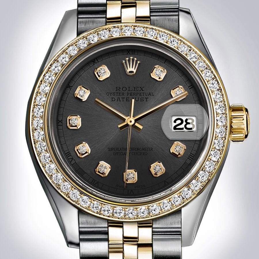 Rolex Steel and Yellow Gold Datejust 31 - Diamond Bezel - Dark Grey Diamond Dial - Jubilee Bracelet