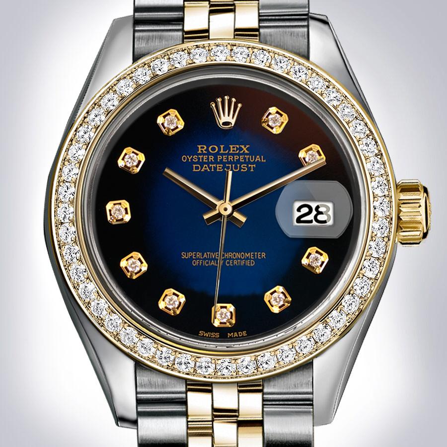 Rolex Steel and Yellow Gold Datejust 31 - Diamond Bezel - Blue Vignette Diamond Dial - Jubilee Bracelet