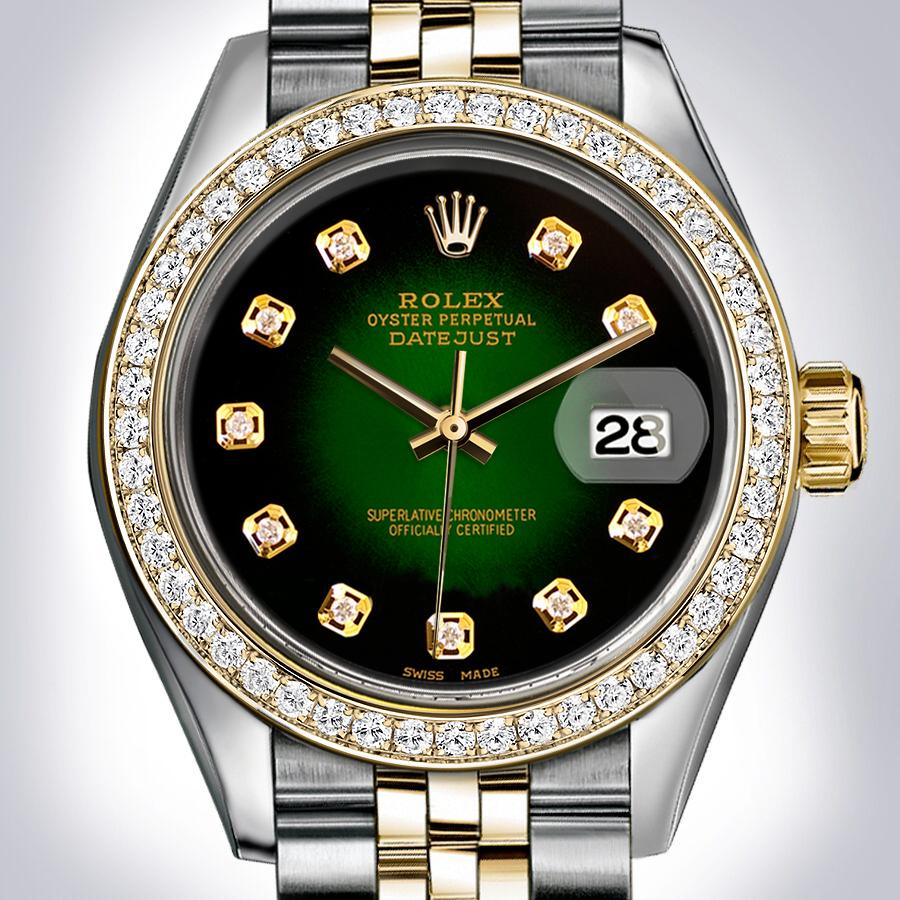 Rolex Steel and Yellow Gold Datejust 31 - Diamond Bezel - Green Vignette Diamond Dial - Jubilee Bracelet