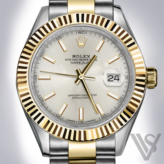 Rolex - Datejust - 41mm Silver Stick Index Dial 18K Yellow Gold Fluted Bezel Yellow Gold/Stainless Steel Oyster Bracelet Men's Watch