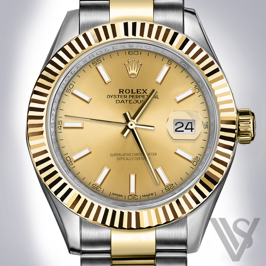Rolex - Datejust - 41mm Champagne Index Stick Dial 18K Yellow Gold Fluted Bezel Yellow Gold/Stainless Steel Oyster Bracelet Men's Watch