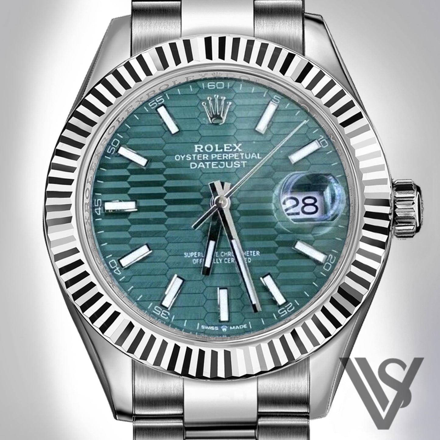 Rolex - Datejust - 41mm Green Motif Stick Index 18K White Gold Fluted Bezel Stainless Steel Oyster Bracelet Men's Watch