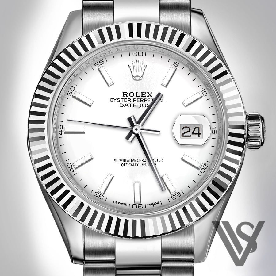 Rolex - Datejust - 41mm White Stick Index Dial 18K White Gold Fluted Bezel Stainless Steel Oyster Bracelet Men's Watch