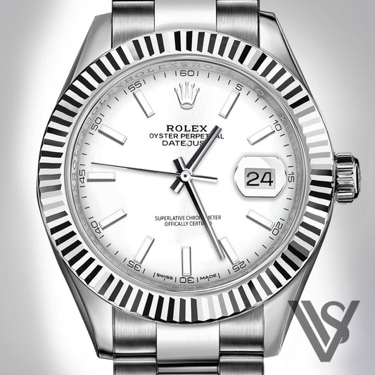 Rolex - Datejust - 41mm White Stick Index Dial 18K White Gold Fluted Bezel Stainless Steel Oyster Bracelet Men's Watch