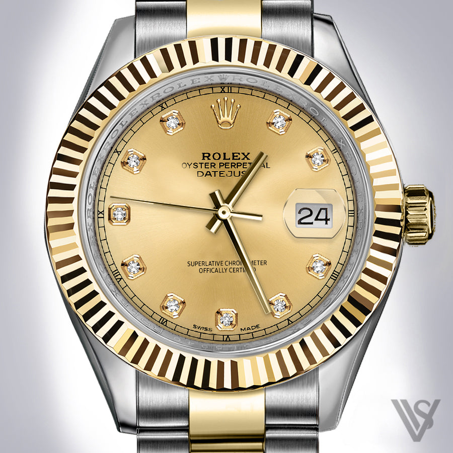 Rolex - Datejust - 41mm Champagne Diamond Dial 18K Yellow Gold Fluted Bezel Stainless Steel Yellow Oyster Bracelet Men's Watch