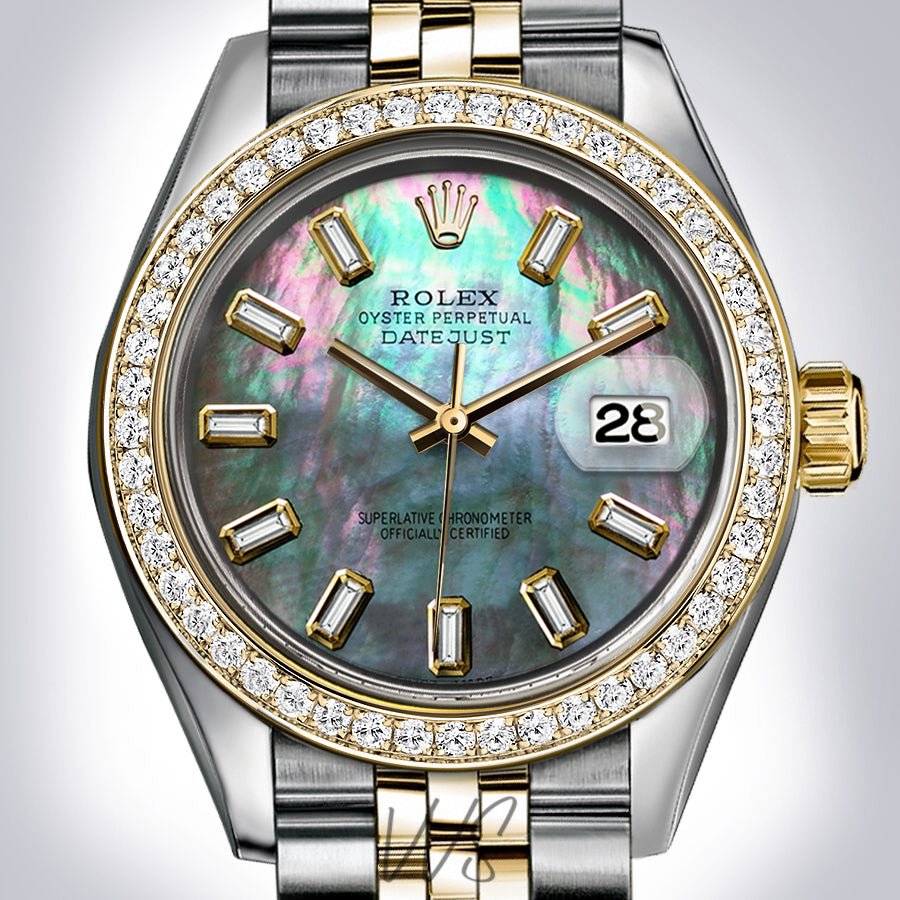 Rolex Large 36mm Blue Mother Of Pearl Baguette Diamond Dial Stainless Steel Jubilee Datejust Watch