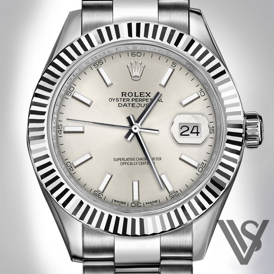Rolex - Datejust - 41mm Silver Stick Index Dial 18K White Gold Fluted Bezel Stainless Steel Oyster Bracelet Men's Watch