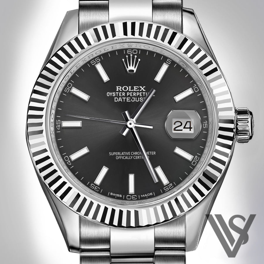 Rolex- Datejust - Black Stick Index Dial 18K White Gold Fluted Bezel Stainless Steel Oyster Bracelet Men's Watch