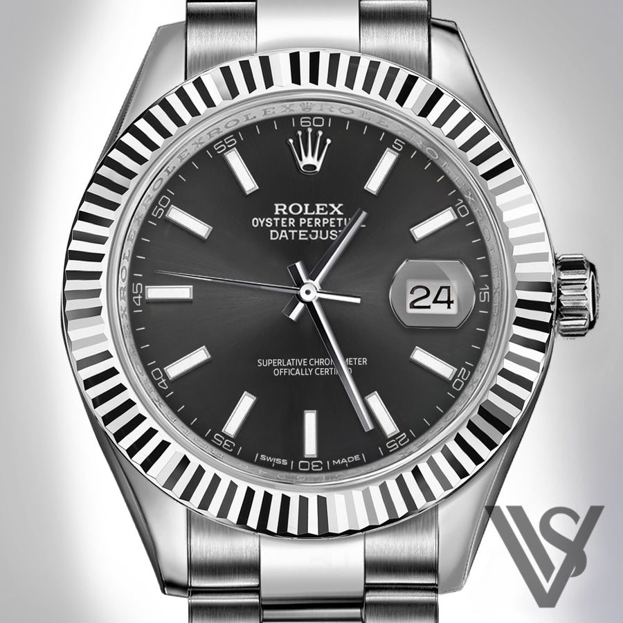 Rolex- Datejust - 41mm Black Stick Index Dial 18K White Gold Fluted Bezel Stainless Steel Oyster Bracelet Men's Watch