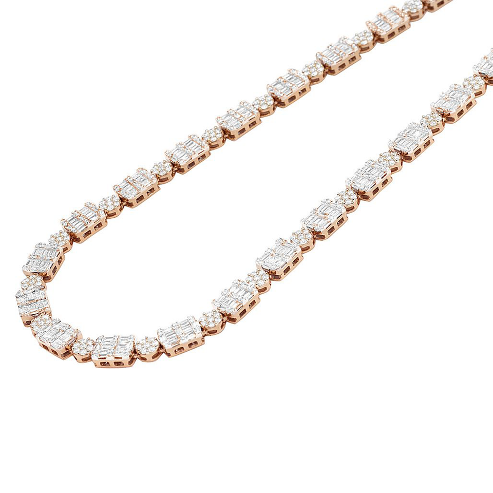 14K Rose Gold Baguette Flower Cluster Halo Diamond Tennis Chain 14.85CT 22"