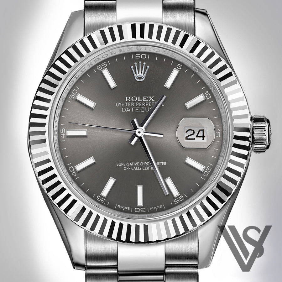 Rolex - Datejust - 41mm Dark Rhodium Stick Index Dial 18K White Gold Fluted Bezel Stainless Steel Oyster Bracelet Men's Watch