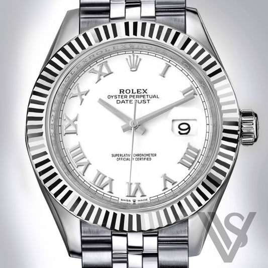 Rolex - Datejust - 41mm White Roman Dial 18K White Gold Fluted Bezel Stainless Steel Jubilee Bracelet Men's Watch