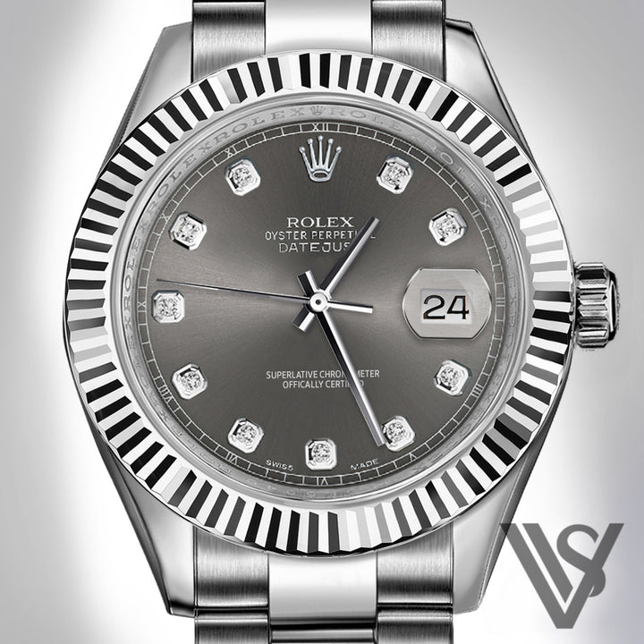 Rolex - Stainless Steel Datejust 41 - Fluted Bezel - Dark Grey Diamond Dial - Oyster Bracelet