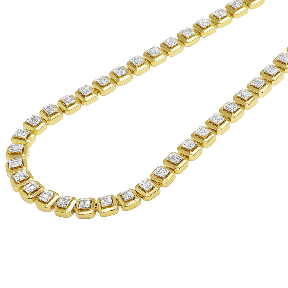 Yellow Gold 8MM Halo Baguette Diamond Necklace 6.5 CT 22"