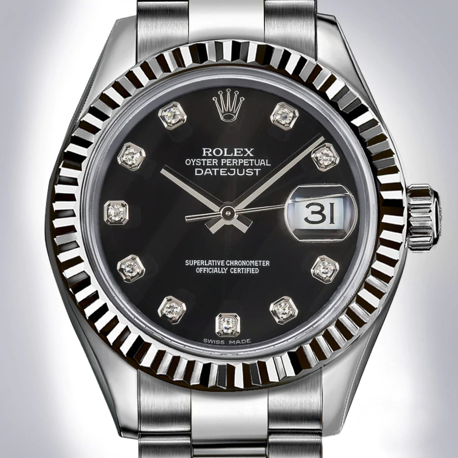 Preowned Rolex - Datejust - 36mm Black Diamond Dial Fluted Bezel Stainless Steel Oyster Bracelet (Pre-Owned)