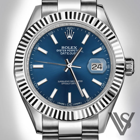 Rolex - Datejust - 41mm Blue Stick Index 18K White Gold Fluted Bezel Stainless Steel Oyster Bracelet Men's Watch