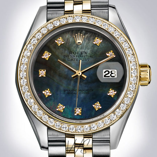 Rolex Large 36mm Dark Blue Tahitian Diamond Dial Diamond Bezel Stainless Steel Jubilee Datejust Watch