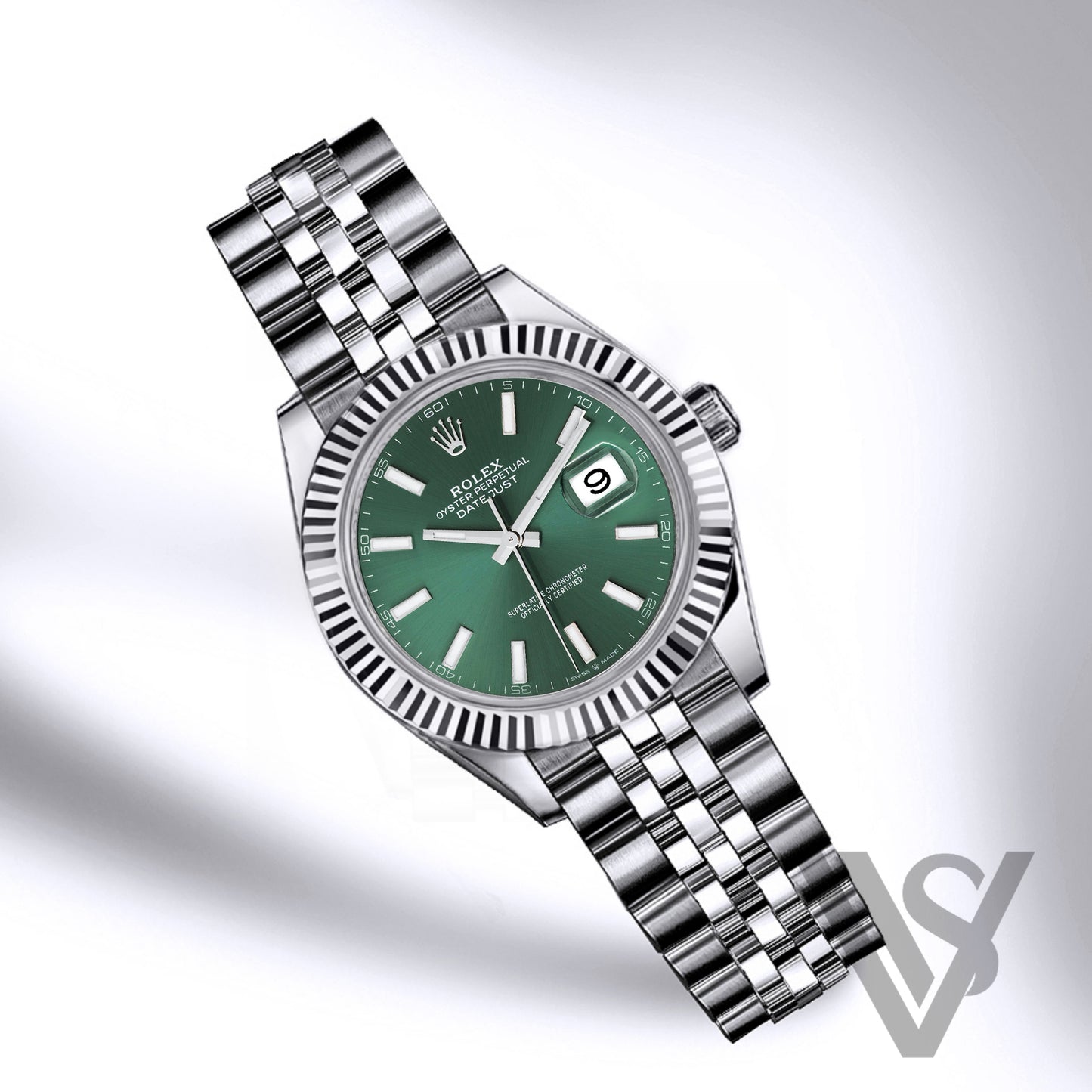 Rolex - Datejust - 41mm Green Stick Index Dial 18K White Gold Fluted Bezel Stainless Steel Jubilee Bracelet Men's Watch