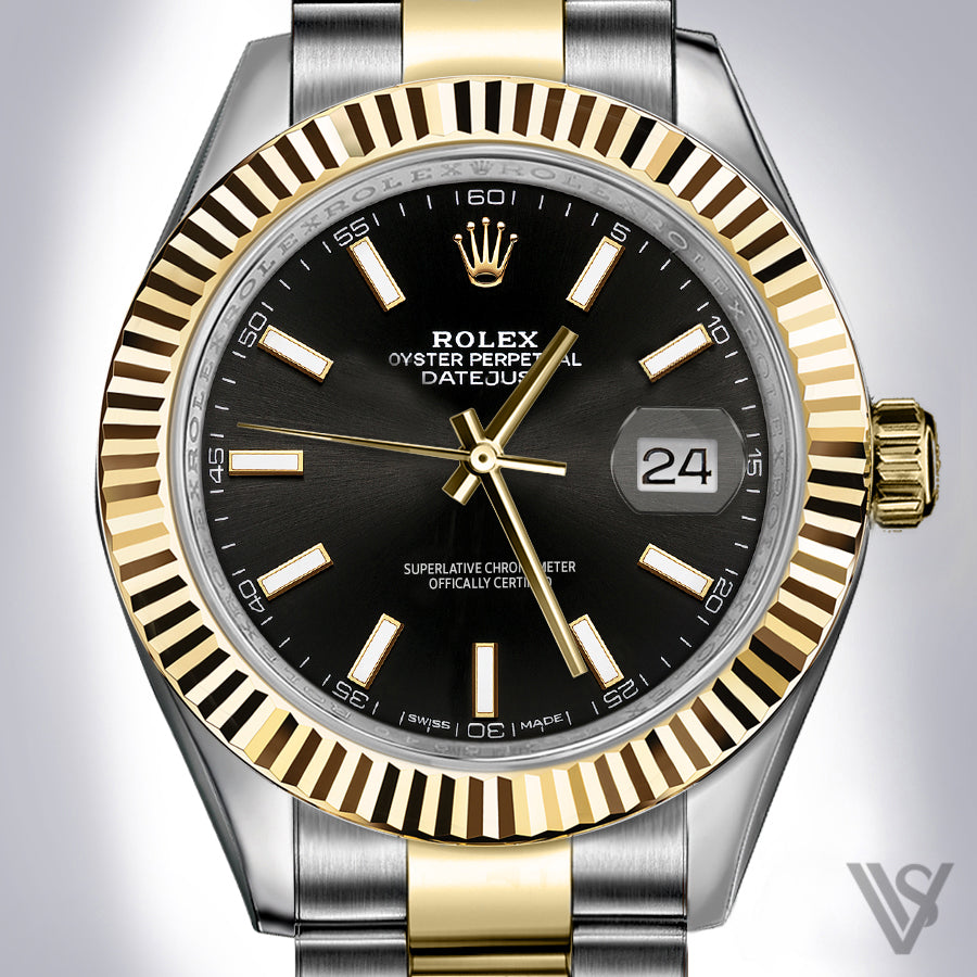 Rolex - Datejust - Black Index Stick Dial 18K Yellow Gold Fluted Bezel Yellow Gold/Stainless Steel Oyster Bracelet Men's Watch