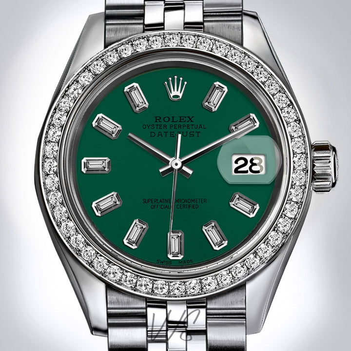 Rolex - Stainless Steel Datejust - Diamond Bezel - Emerald Green Baguette Diamond Dial - Jubilee Bracelet