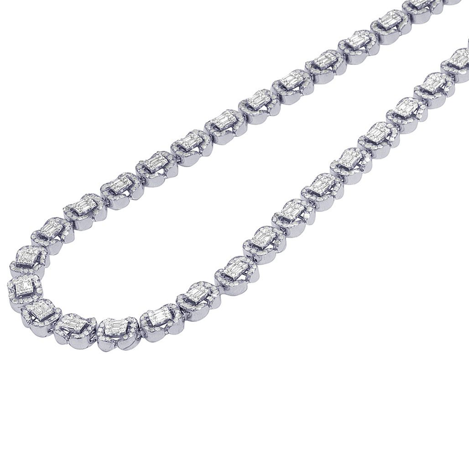 White Gold 11.75CT Baguette Diamond Halo Link Chain 22" 8MM