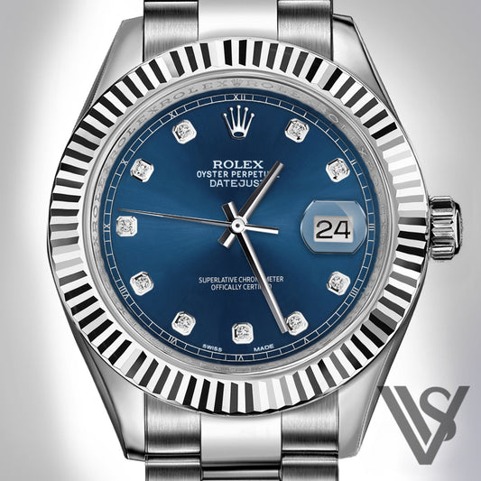 Rolex - Datejust - 41mm Blue Diamond Dial 18K White Gold Fluted Bezel Stainless Steel Oyster Bracelet Men's Watch