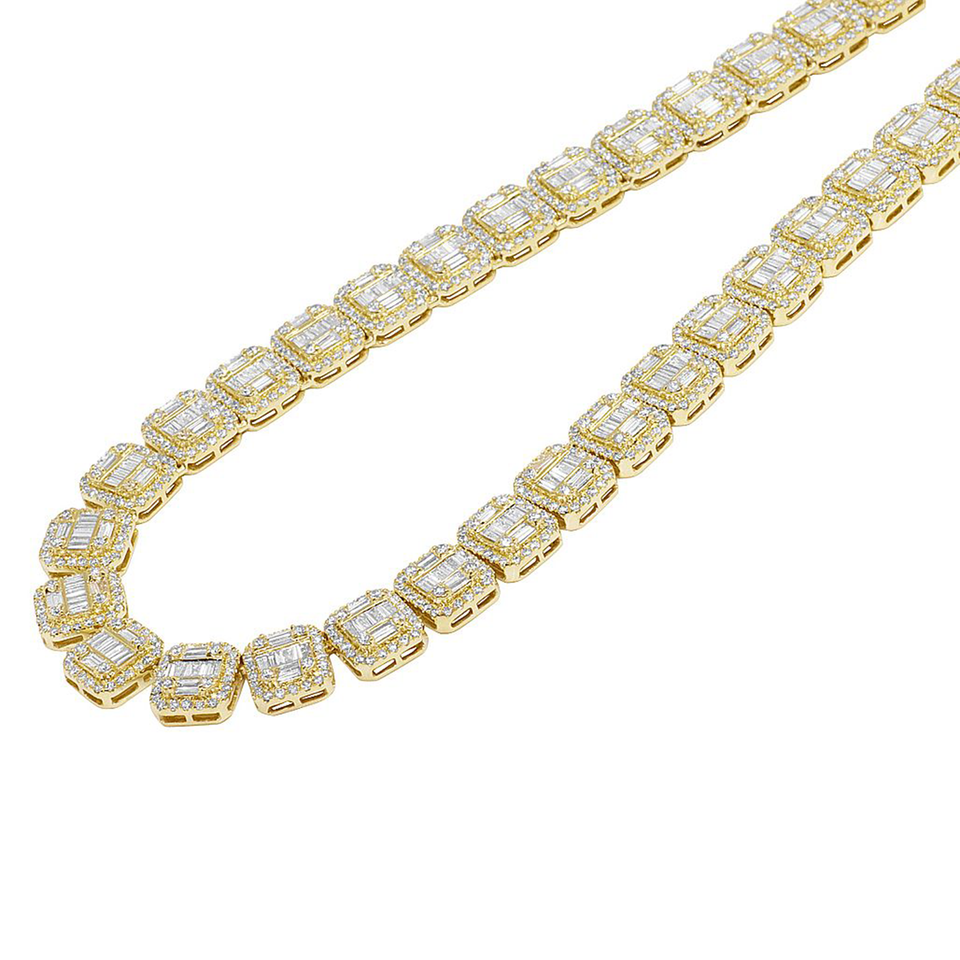 Yellow Gold Rectangle Halo Baguette Diamond Graduating Necklace 15CT