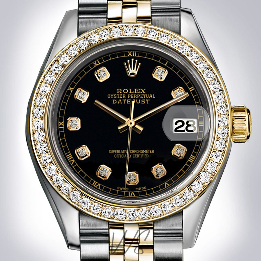 Rolex - Stainless Steel and Yellow Gold Datejust 26mm - Diamond Bezel - Black Diamond Dial - Jubilee Bracelet