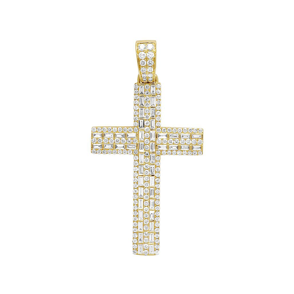 Yellow Gold 3.66CT Diamond Baguette Cross Pendant 2.5"