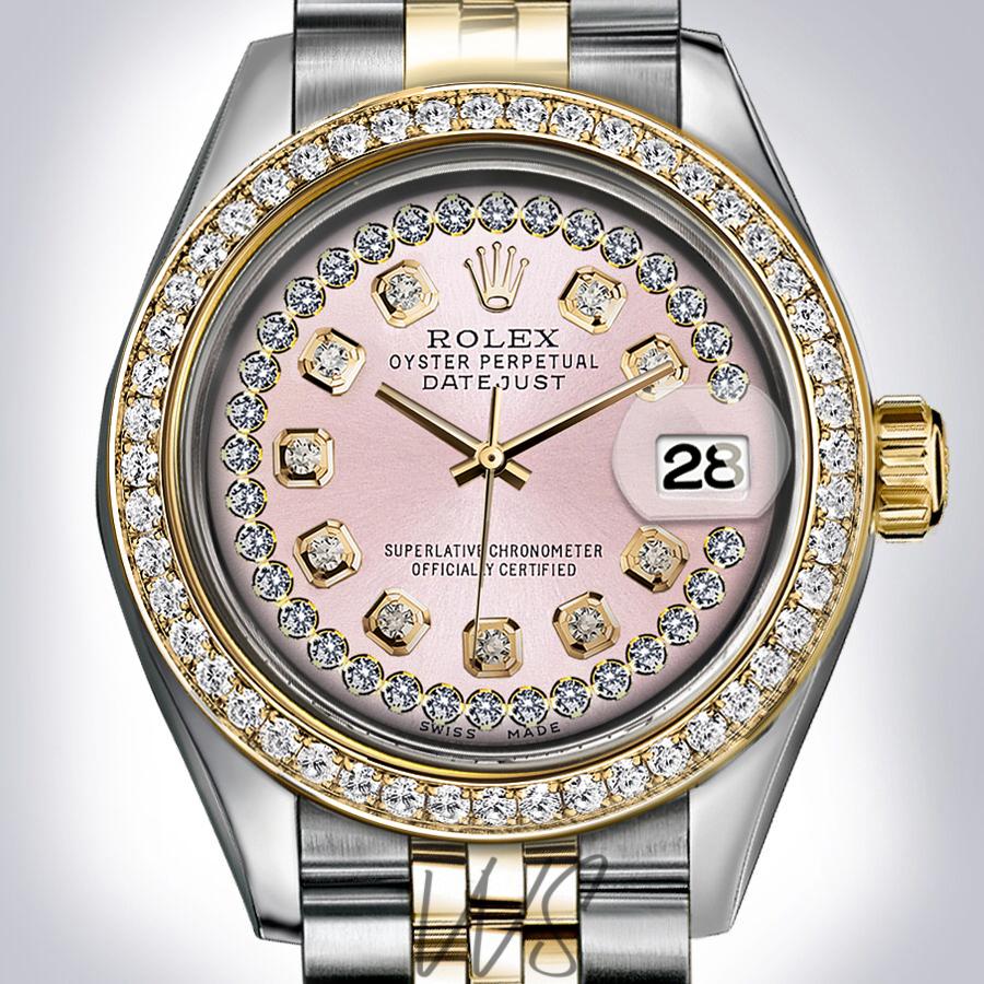 Rolex Ladies 26mm Baby Pink Diamond String Dial Diamond Bezel Two-tone 18K Yellow Gold & Stainless Steel Jubilee Datejust with track Watch