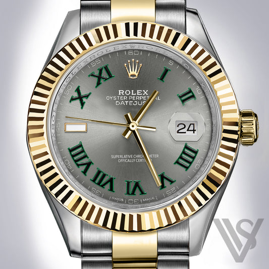 Rolex - Datejust - 41mm Slate Green Roman Dial 18K Yellow Gold Fluted Bezel Stainless Steel Yellow Oyster Bracelet Men's Watch