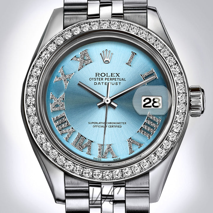 Rolex - Stainless Steel Datejust - Diamond Bezel - Blue Iced Out Roman Numeral Pave Diamond Dial - Jubilee Bracelet