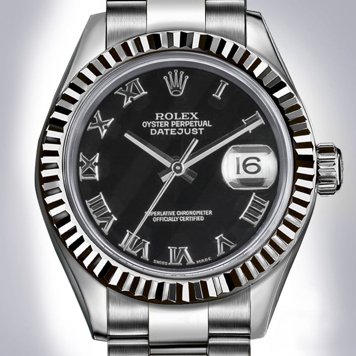 Rolex - Stainless Steel Datejust - Fluted Bezel - Black Roman Numeral Dial - Oyster Bracelet