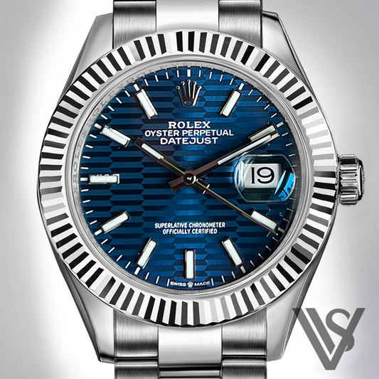 Rolex - Datejust - 41mm Blue Motif Index Stick Dial 18K White Gold Fluted Bezel Stainless Steel Oyster Bracelet Men's Watch