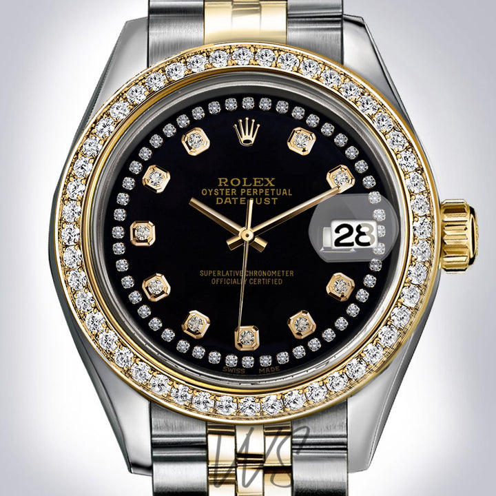 Rolex - Stainless Steel and Yellow Gold Datejust - Diamond Bezel - Black Diamond Dial with Diamond String- Jubilee Bracelet