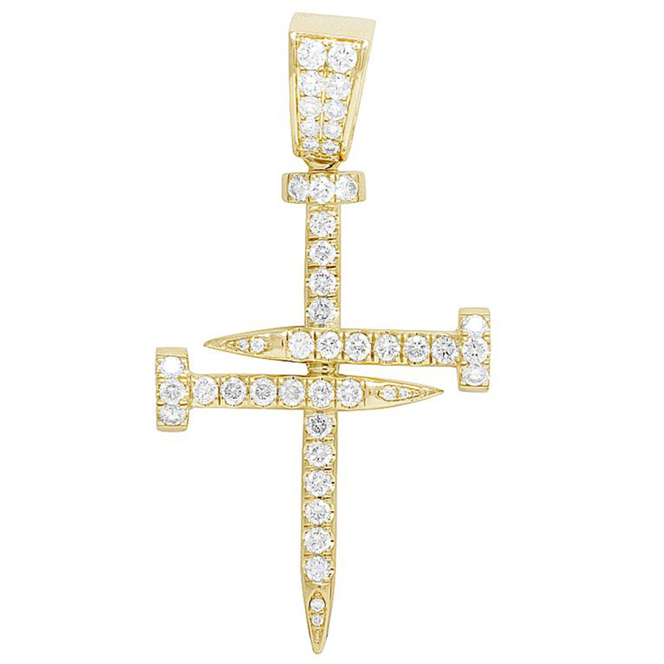 Yellow Gold Diamond Nail Cross Pendant 2.50 CT 2.1"