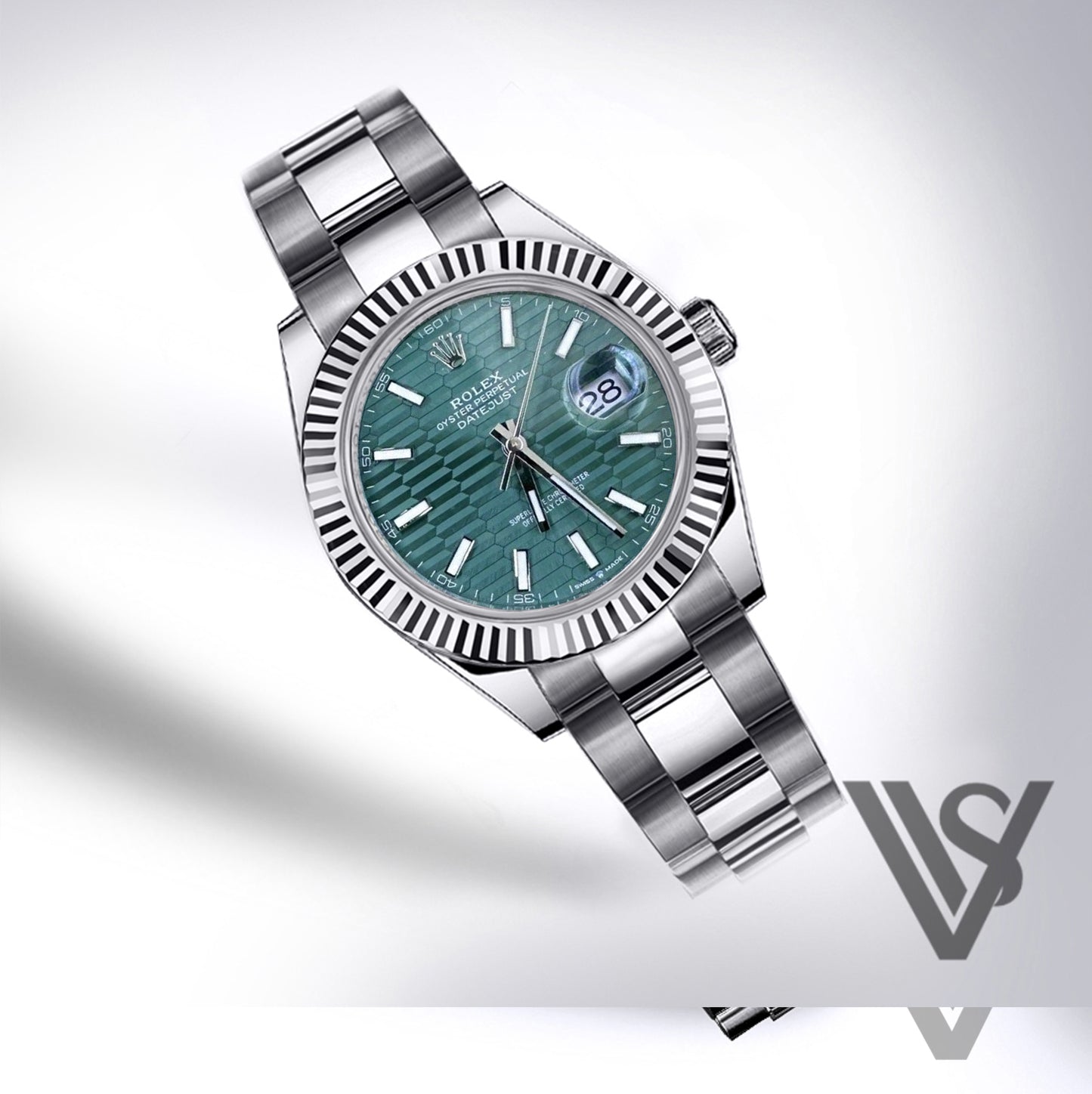 Rolex - Datejust - 41mm Green Motif Stick Index 18K White Gold Fluted Bezel Stainless Steel Oyster Bracelet Men's Watch