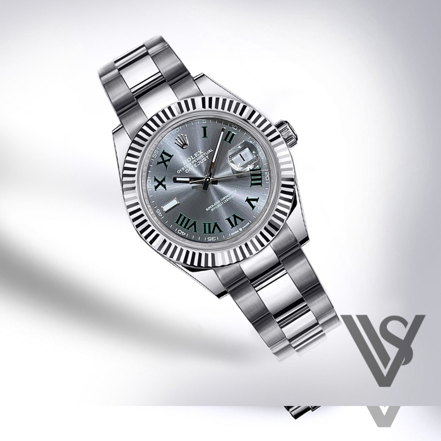 Rolex - Datejust - 41mm Slate Green Roman Dial 18K White Gold Fluted Bezel Stainless Steel Oyster Bracelet Men's Watch